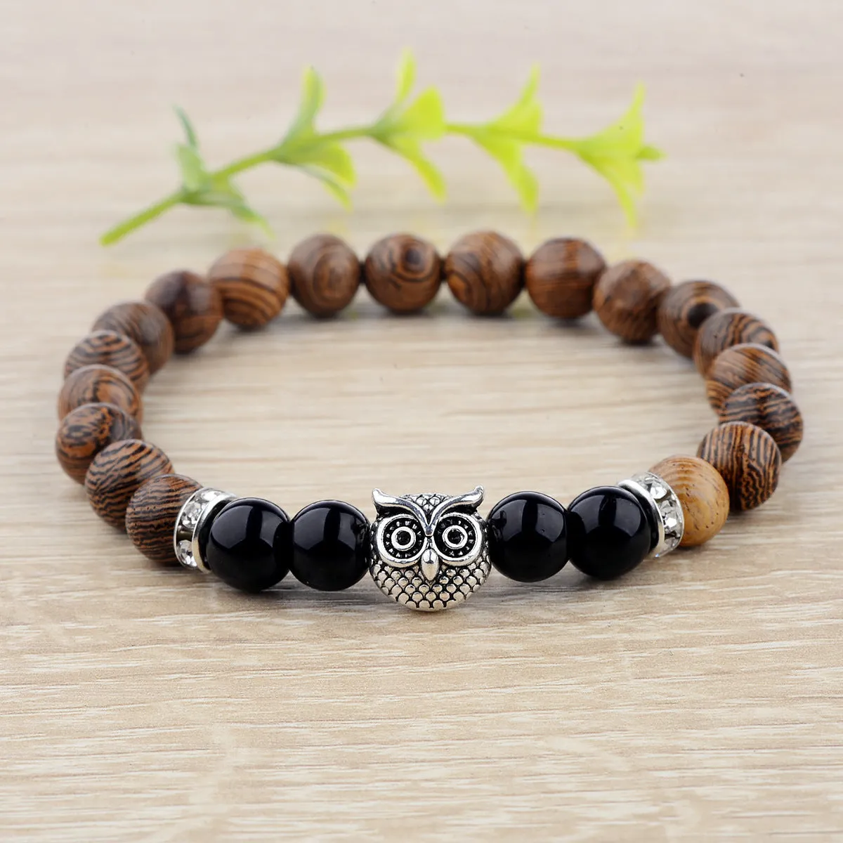 Owl frosted stone lifeline wood grain bracelet in black with wood beads and alloy clasp
