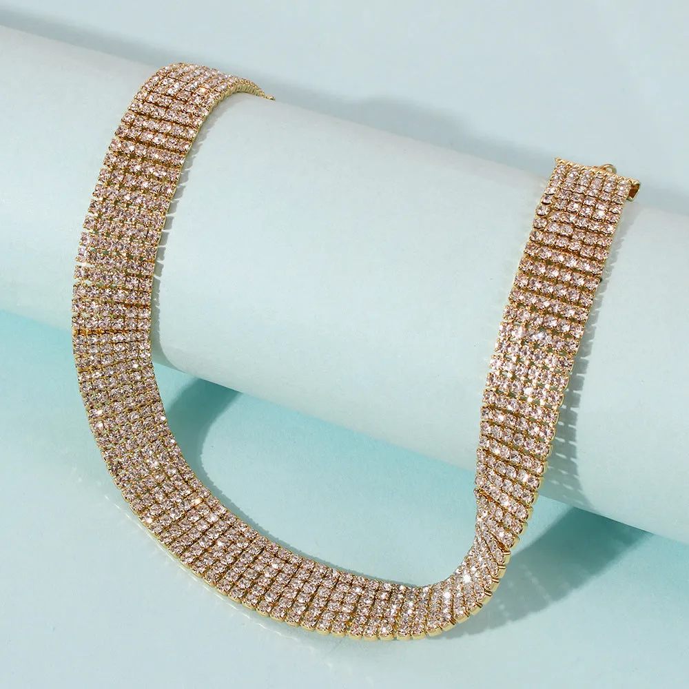 Full rhinestone alloy clavicle chain necklace in six rows of drills gold geometric shape women's European American style
