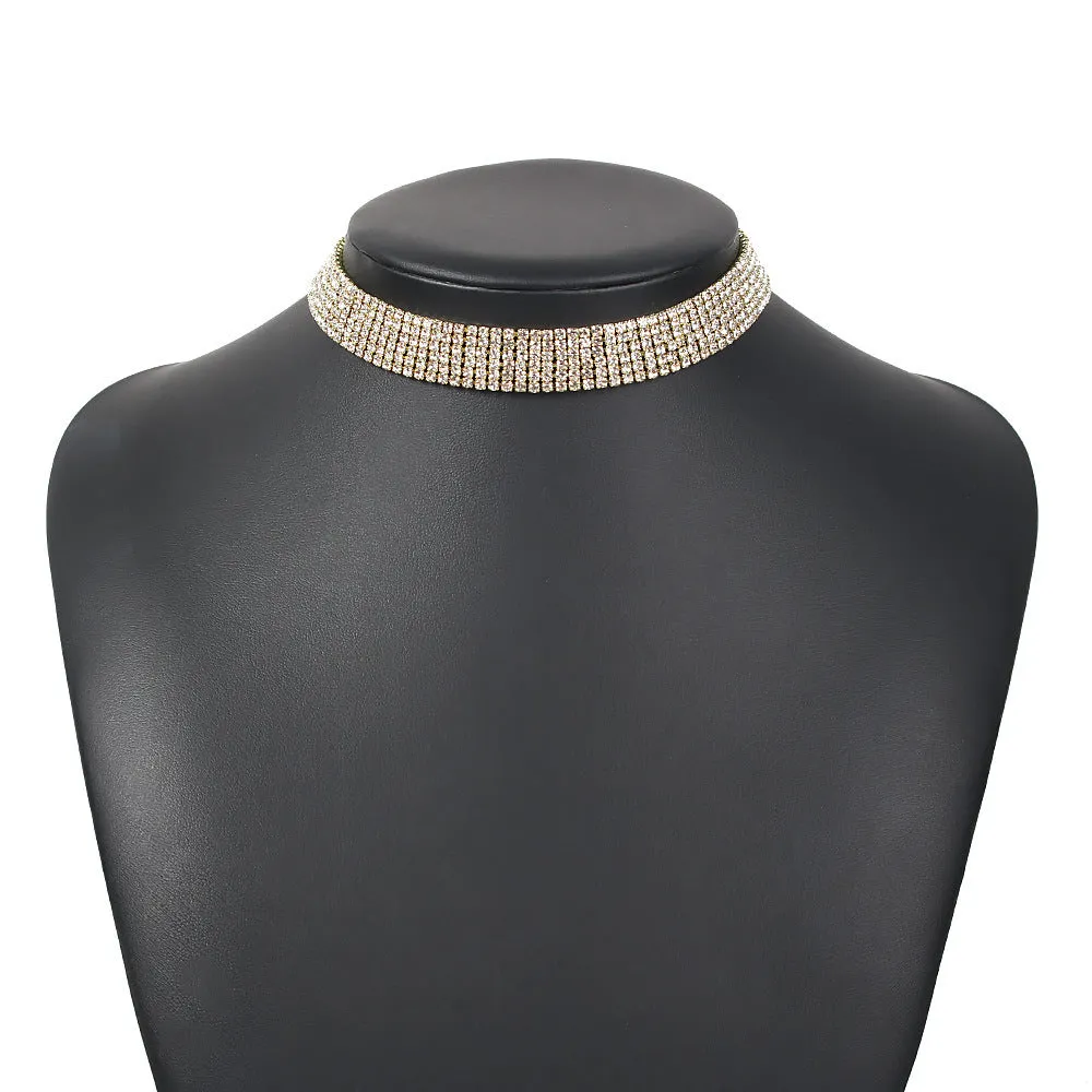 Full rhinestone alloy clavicle chain necklace in six rows of drills gold geometric shape women's European American style