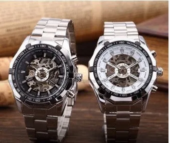 Top brand luxury wristwatch with hollow black dial, 42mm stainless steel case, and brown leather strap on wrist