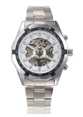 Top brand luxury wristwatch with hollow black dial, 42mm stainless steel case, and brown leather strap on wrist