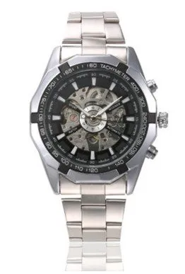 Top brand luxury wristwatch with hollow black dial, 42mm stainless steel case, and brown leather strap on wrist