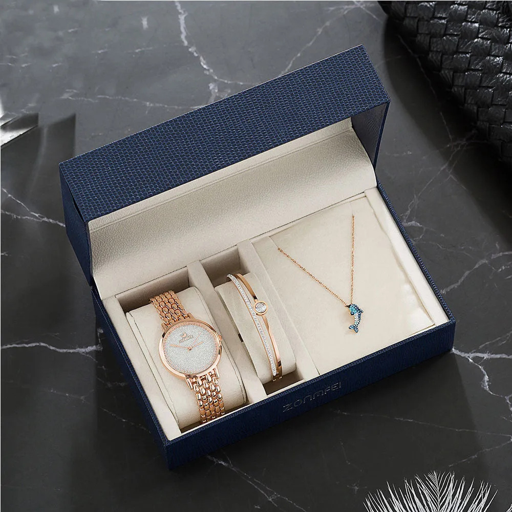 Gold women's watch set with earrings ring necklace bracelet on white background