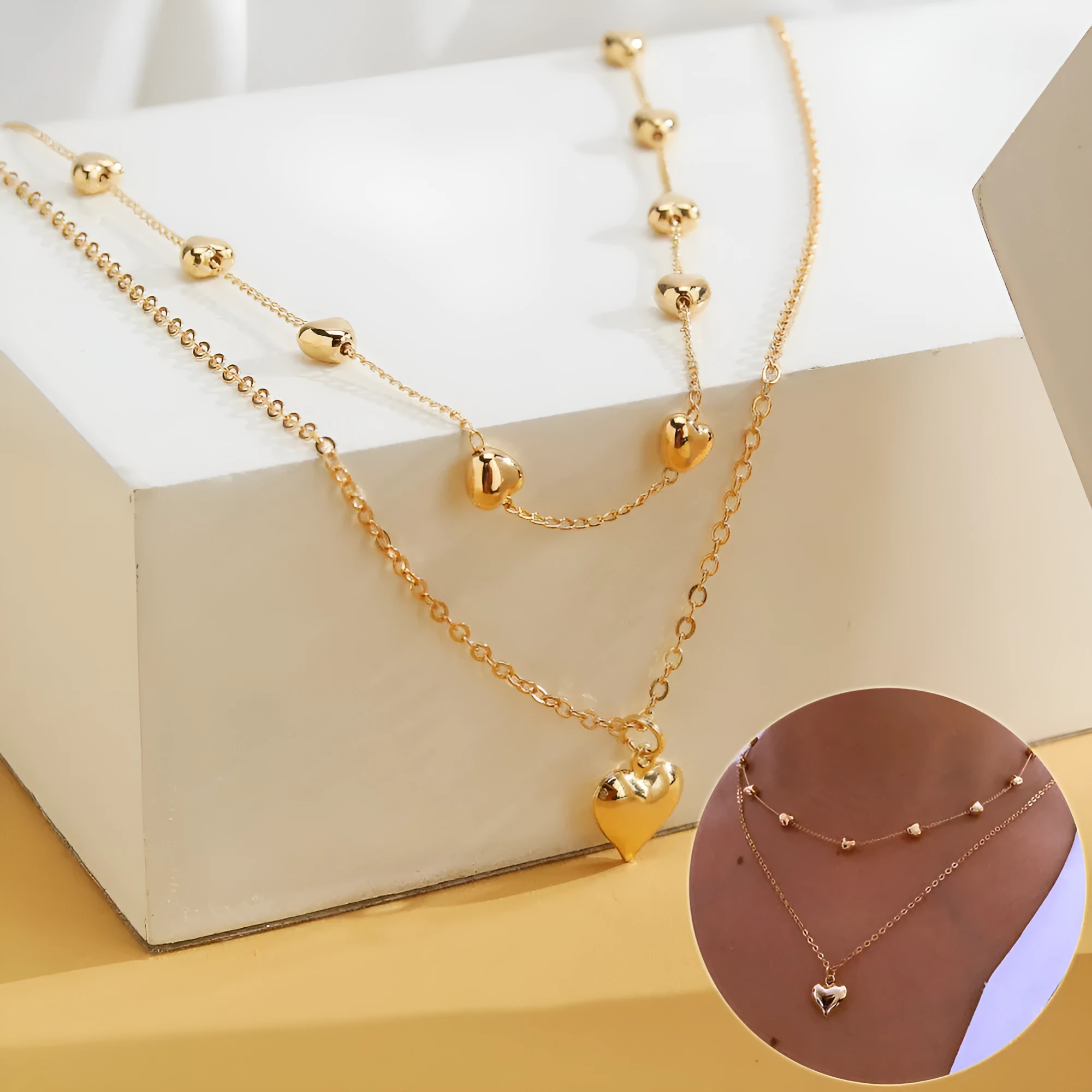 Double-layer gold tone alloy heart pendant curb chain necklace on woman, 51-80cm adjustable length
