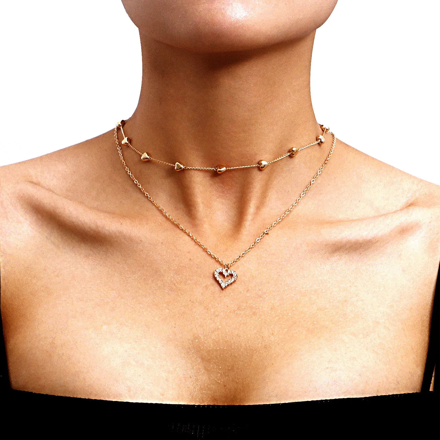 Double-layer gold tone alloy heart pendant curb chain necklace on woman, 51-80cm adjustable length