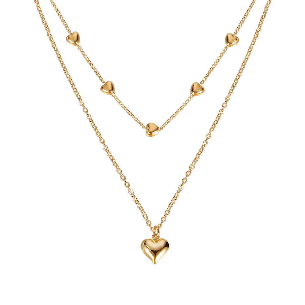 Double-layer gold tone alloy heart pendant curb chain necklace on woman, 51-80cm adjustable length