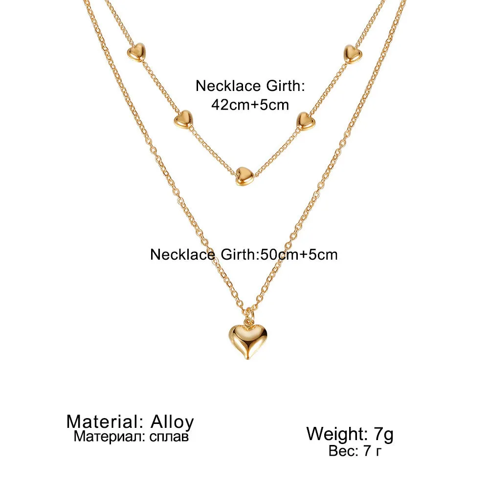 Double-layer gold tone alloy heart pendant curb chain necklace on woman, 51-80cm adjustable length