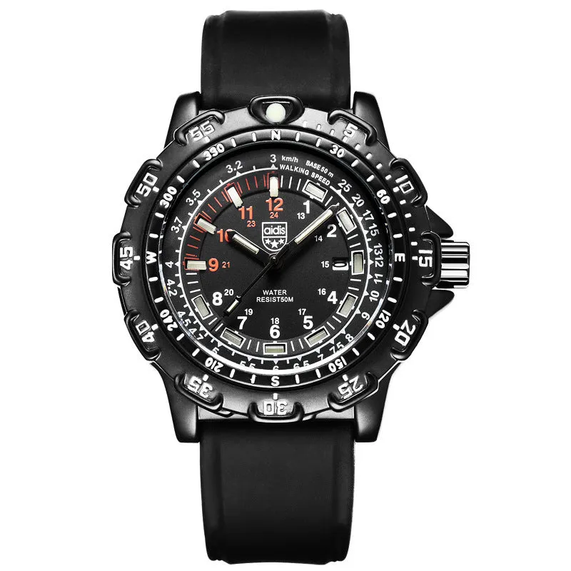 Men's quartz military watch with 45mm round alloy case, silicone band, and luminous dial on a neutral background