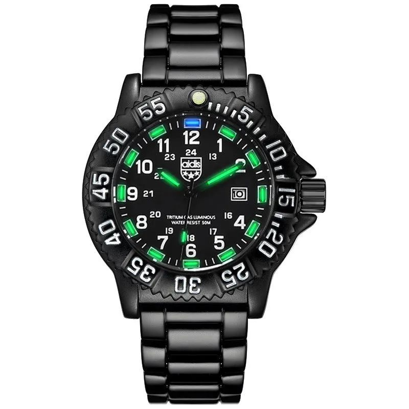 Men's quartz military watch with 45mm round alloy case, silicone band, and luminous dial on a neutral background