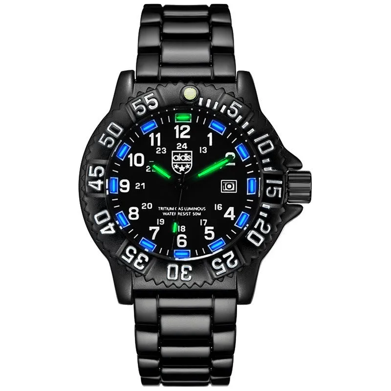 Men's quartz military watch with 45mm round alloy case, silicone band, and luminous dial on a neutral background