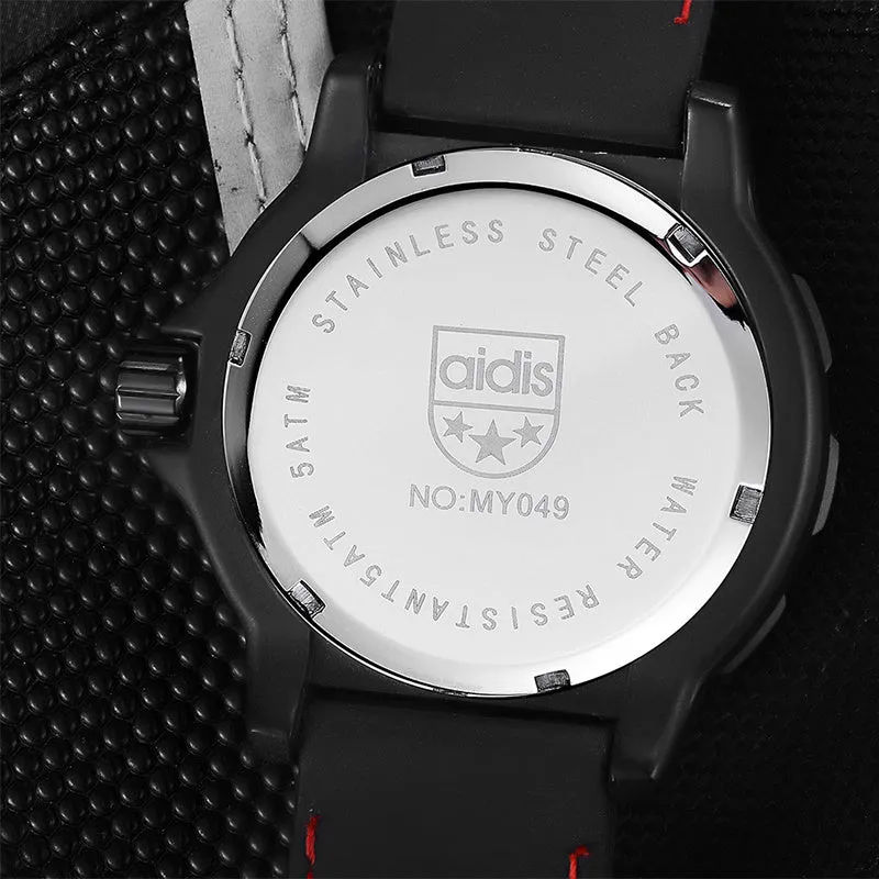 Men's quartz military watch with 45mm round alloy case, silicone band, and luminous dial on a neutral background