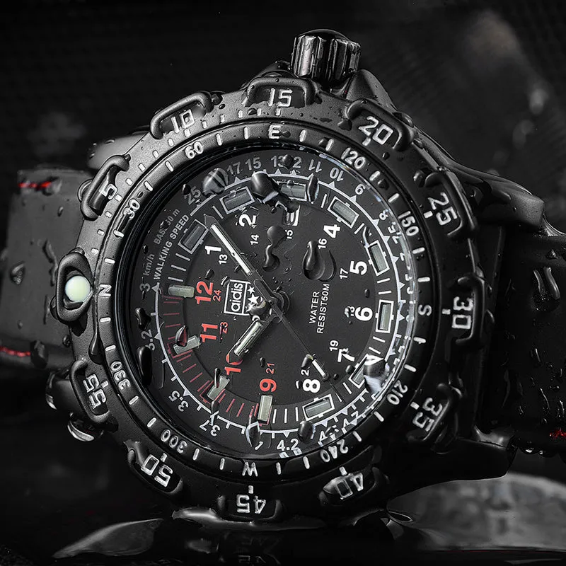 Men's quartz military watch with 45mm round alloy case, silicone band, and luminous dial on a neutral background