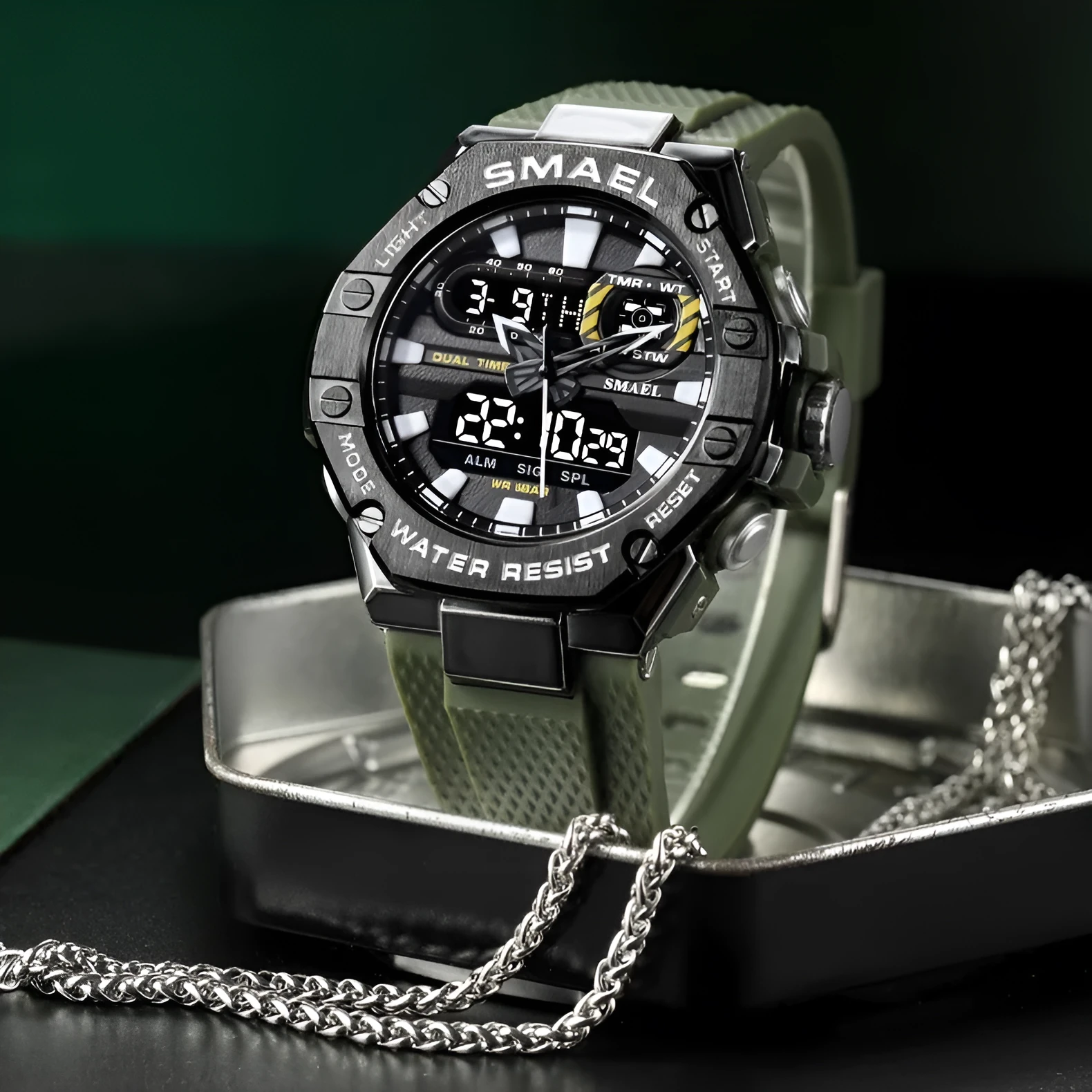 Digital alloy electronic watch for men with 47mm dial, dual movement, and 50m water resistance in Steel Blue