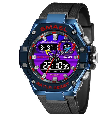 Digital alloy electronic watch for men with 47mm dial, dual movement, and 50m water resistance in Steel Blue
