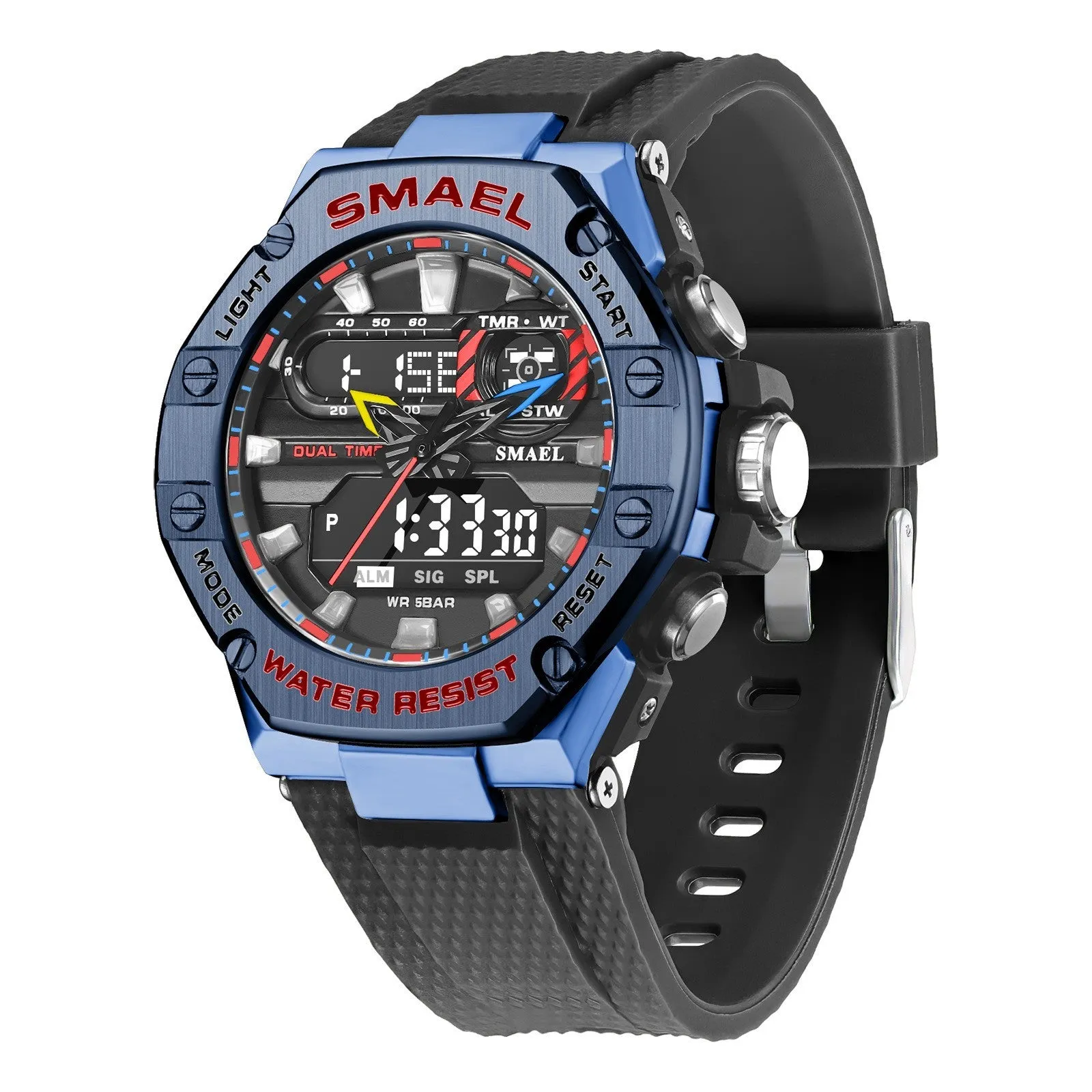 Digital alloy electronic watch for men with 47mm dial, dual movement, and 50m water resistance in Steel Blue