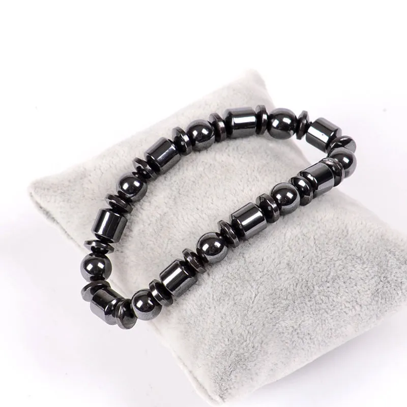 Black stretch magnetic therapy bracelet with pentagram magnetite and hematite stones for women and men