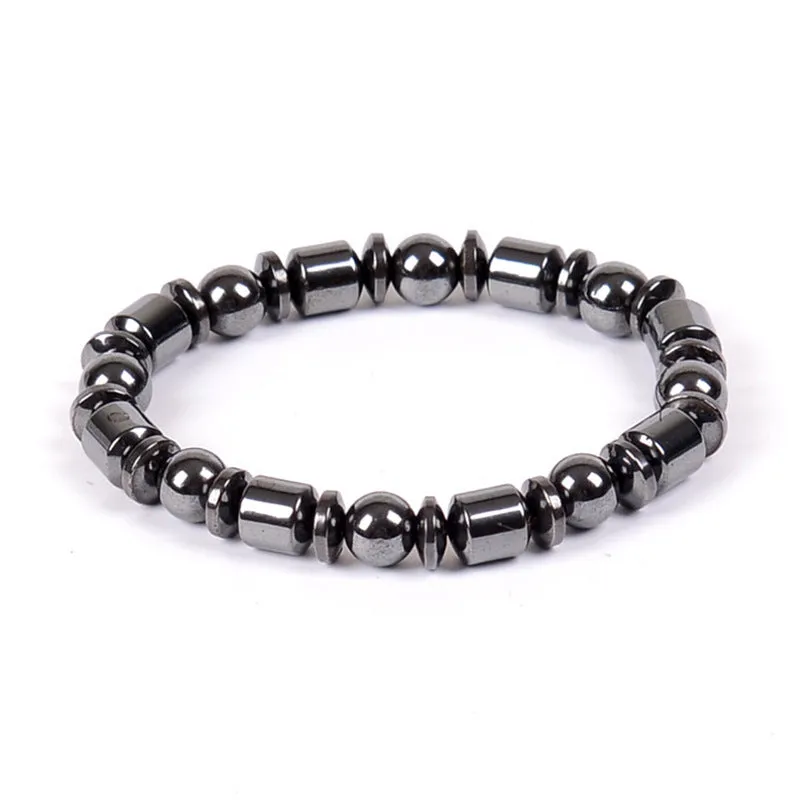Black stretch magnetic therapy bracelet with pentagram magnetite and hematite stones for women and men