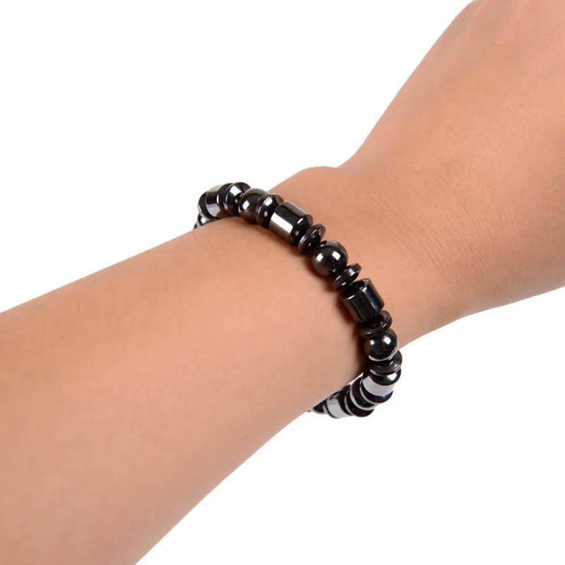 Black stretch magnetic therapy bracelet with pentagram magnetite and hematite stones for women and men