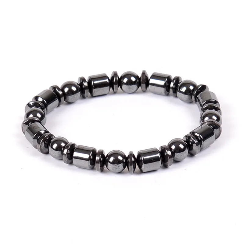 Black stretch magnetic therapy bracelet with pentagram magnetite and hematite stones for women and men