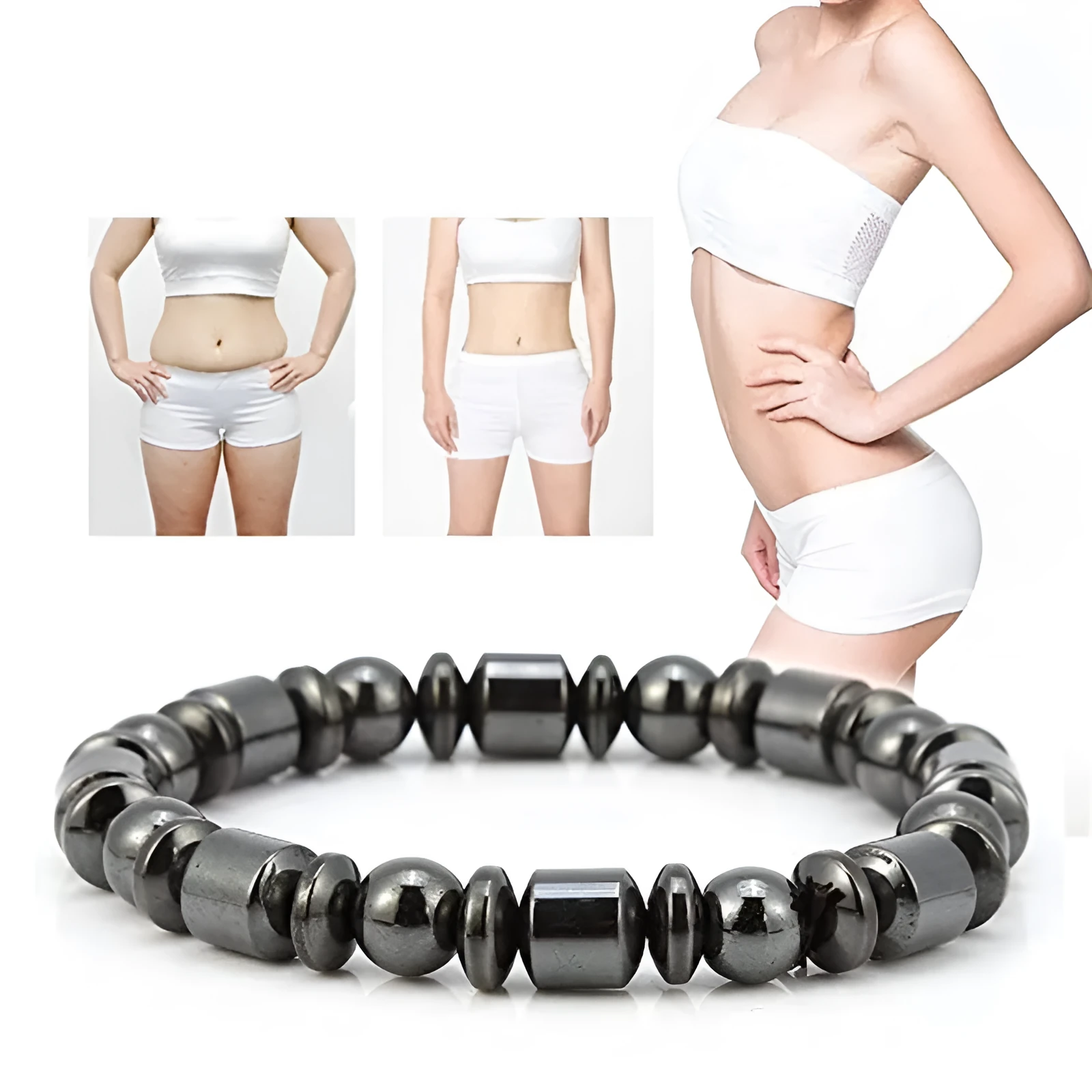 Black stretch magnetic therapy bracelet with pentagram magnetite and hematite stones for women and men