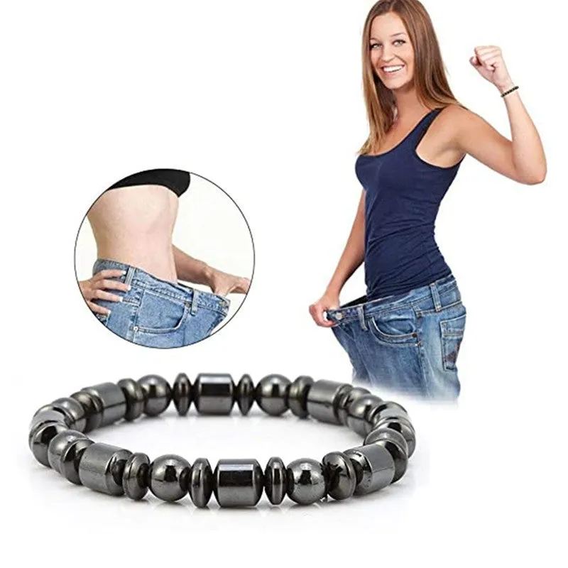 Black stretch magnetic therapy bracelet with pentagram magnetite and hematite stones for women and men