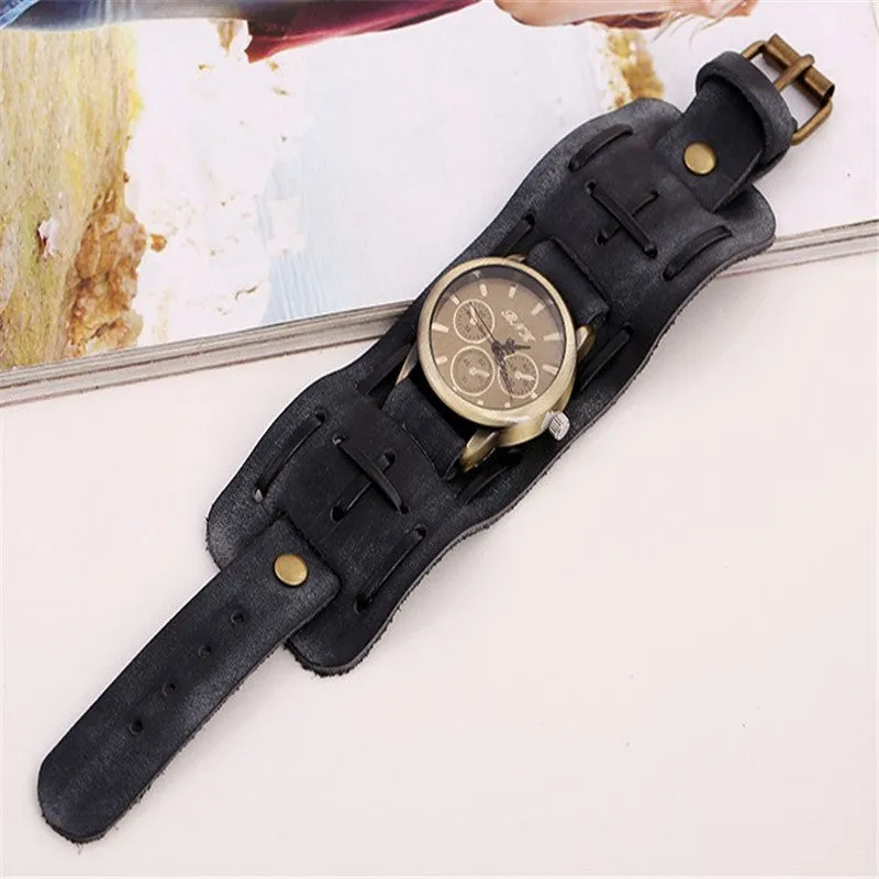 Retro cowhide punk watch for men with 46mm dial, world time, and 24-hour indication in antique style