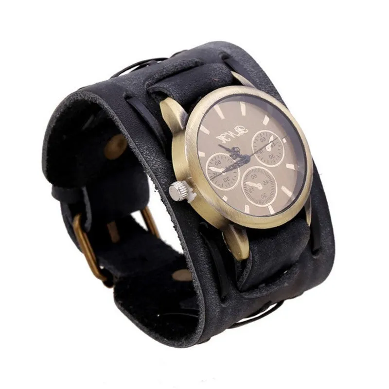 Retro cowhide punk watch for men with 46mm dial, world time, and 24-hour indication in antique style