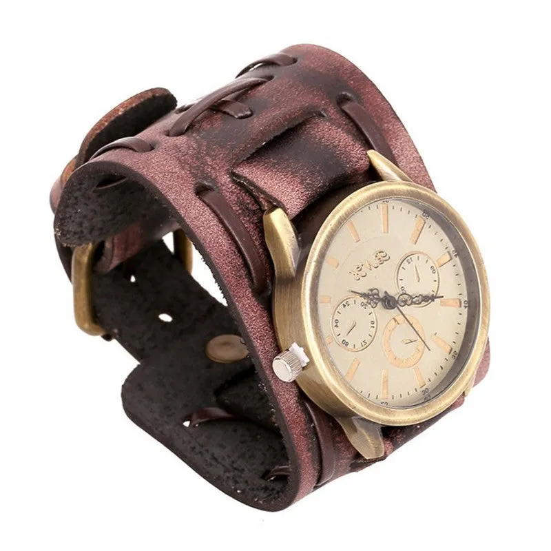 Retro cowhide punk watch for men with 46mm dial, world time, and 24-hour indication in antique style