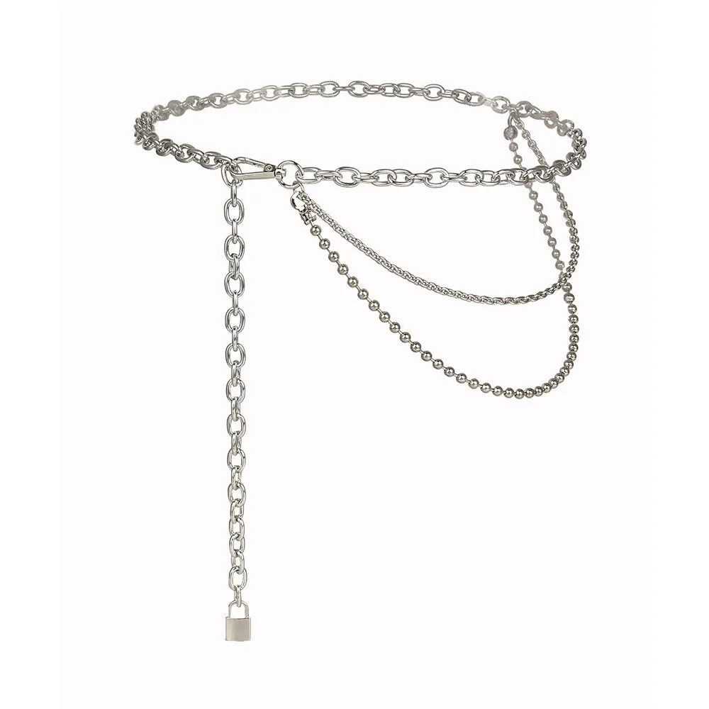 Multilayer alloy waist chain in golden and silver colours with electroplated finish, 70-100 cm adjustable