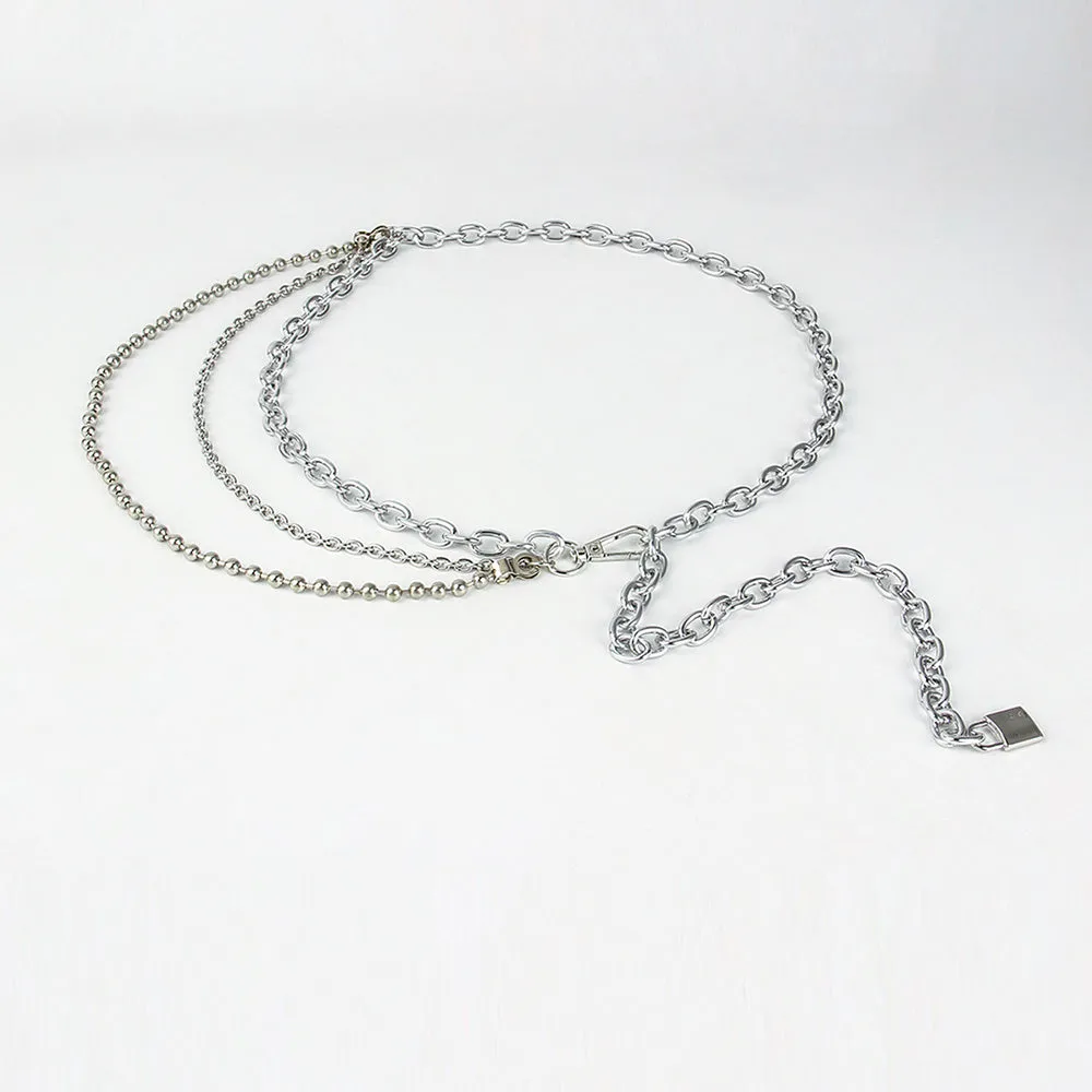 Multilayer alloy waist chain in golden and silver colours with electroplated finish, 70-100 cm adjustable