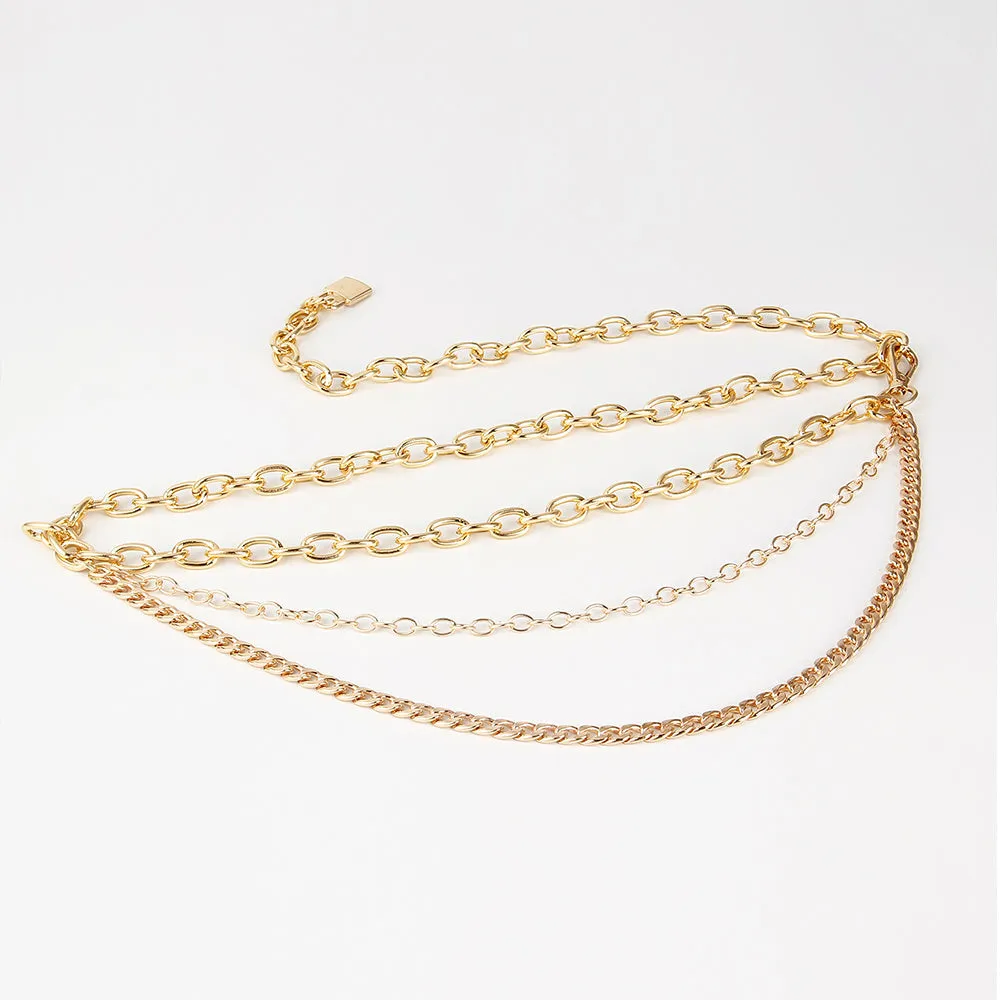 Multilayer alloy waist chain in golden and silver colours with electroplated finish, 70-100 cm adjustable