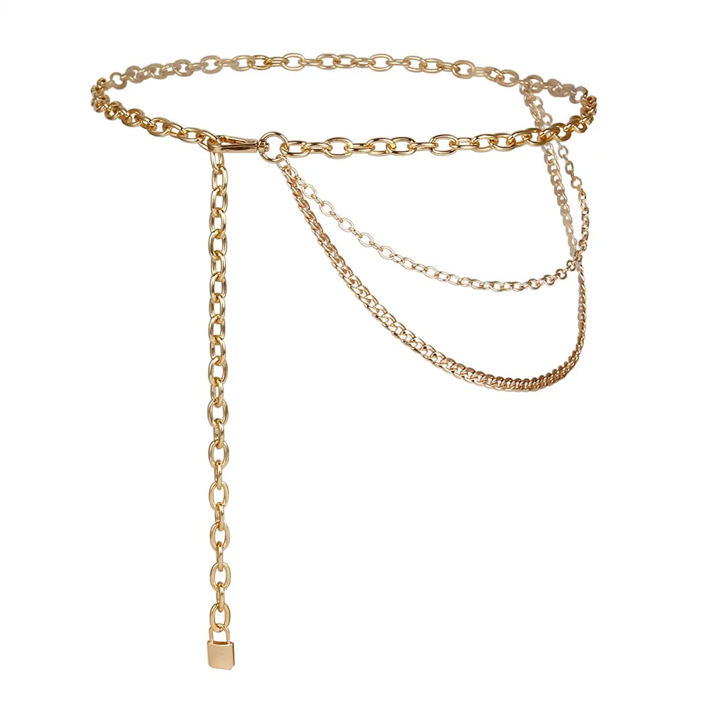 Multilayer alloy waist chain in golden and silver colours with electroplated finish, 70-100 cm adjustable