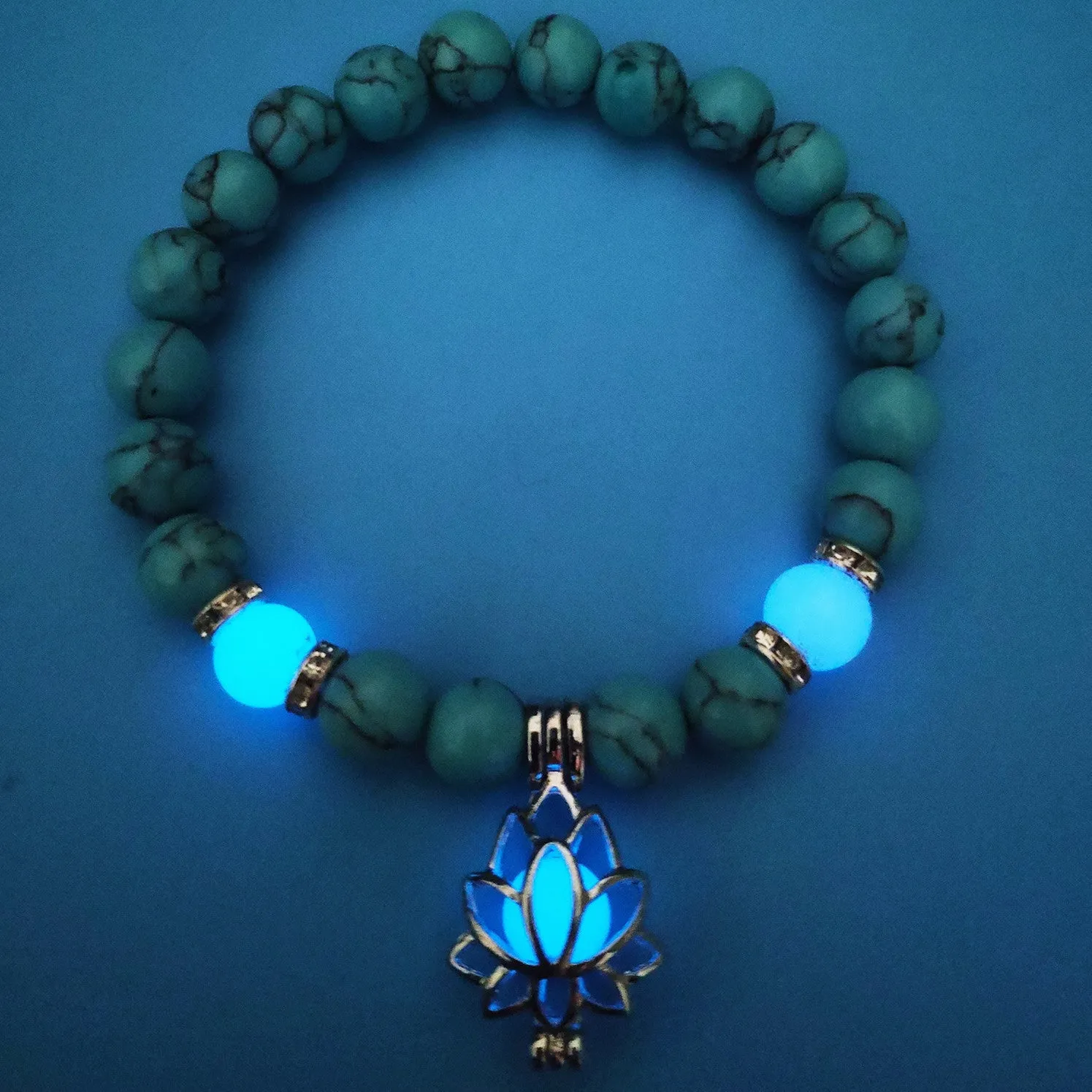 Luminous lotus natural stone bracelet with turquoise glow beads on elastic rope