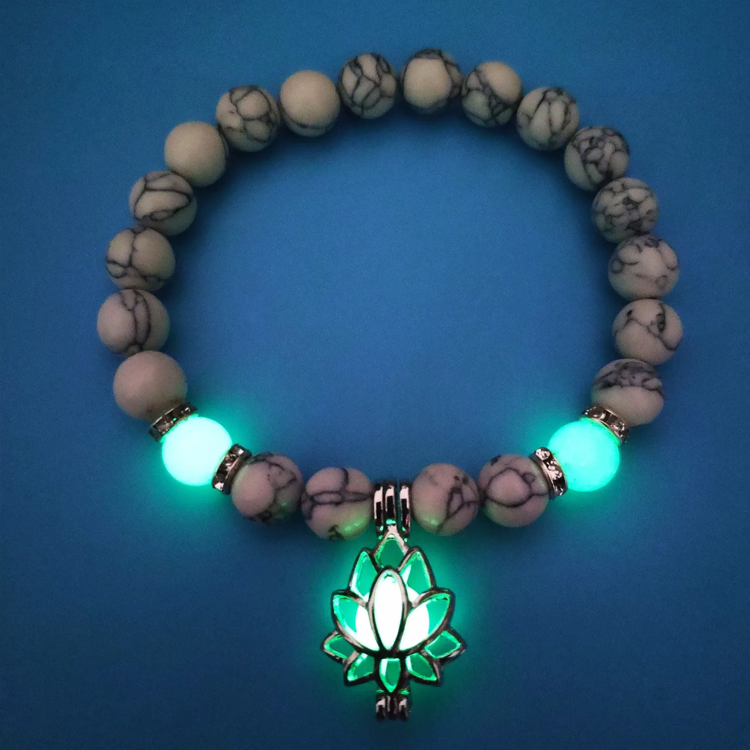 Luminous lotus natural stone bracelet with turquoise glow beads on elastic rope