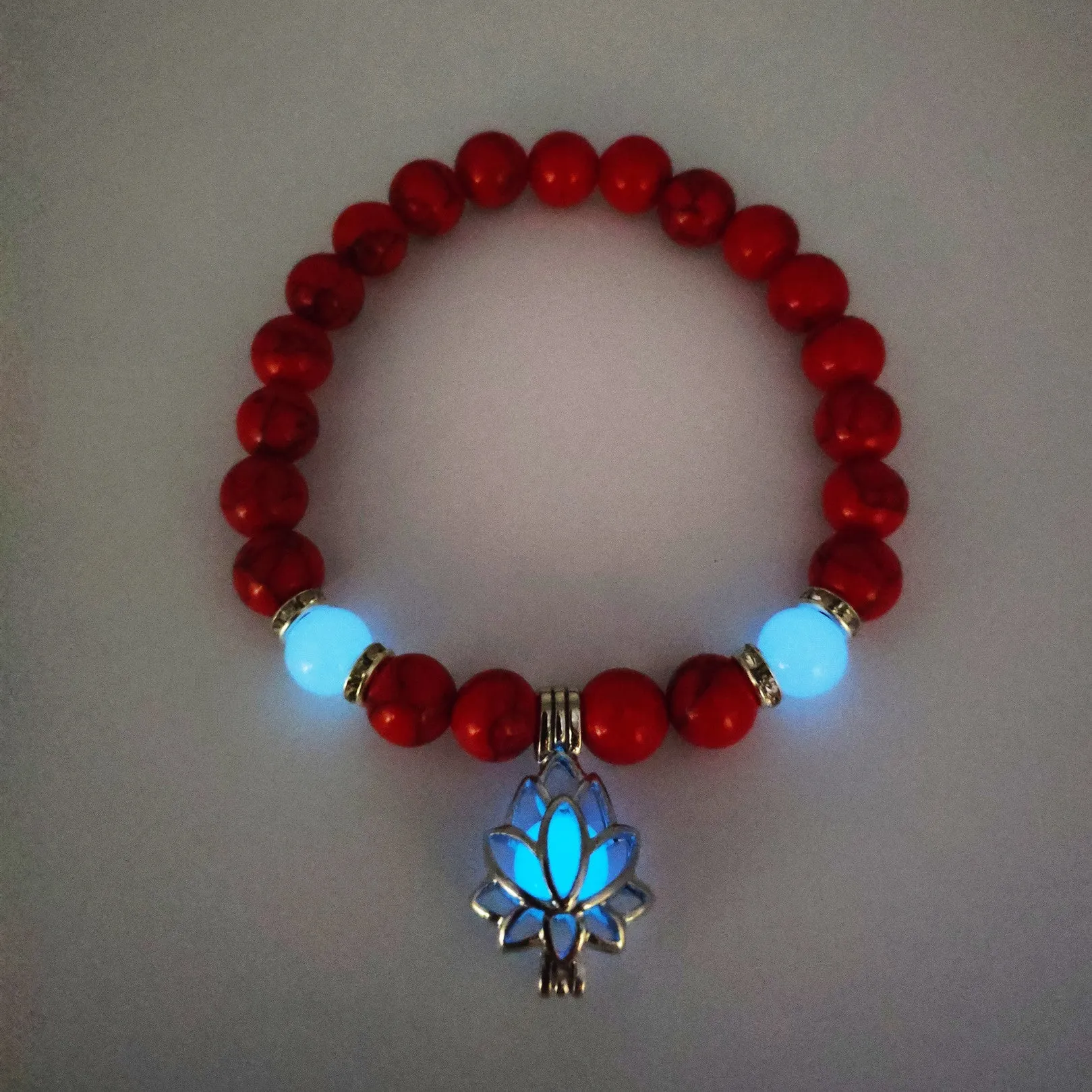Luminous lotus natural stone bracelet with turquoise glow beads on elastic rope
