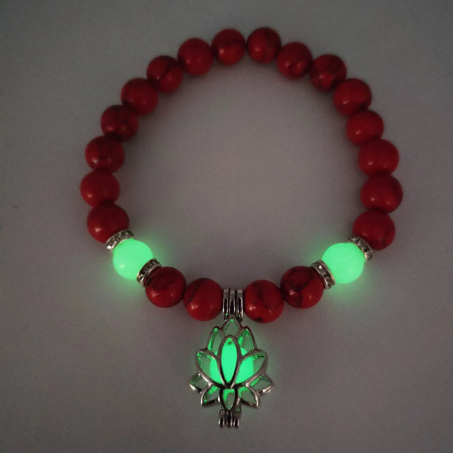 Luminous lotus natural stone bracelet with turquoise glow beads on elastic rope
