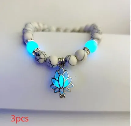 Luminous lotus natural stone bracelet with turquoise glow beads on elastic rope