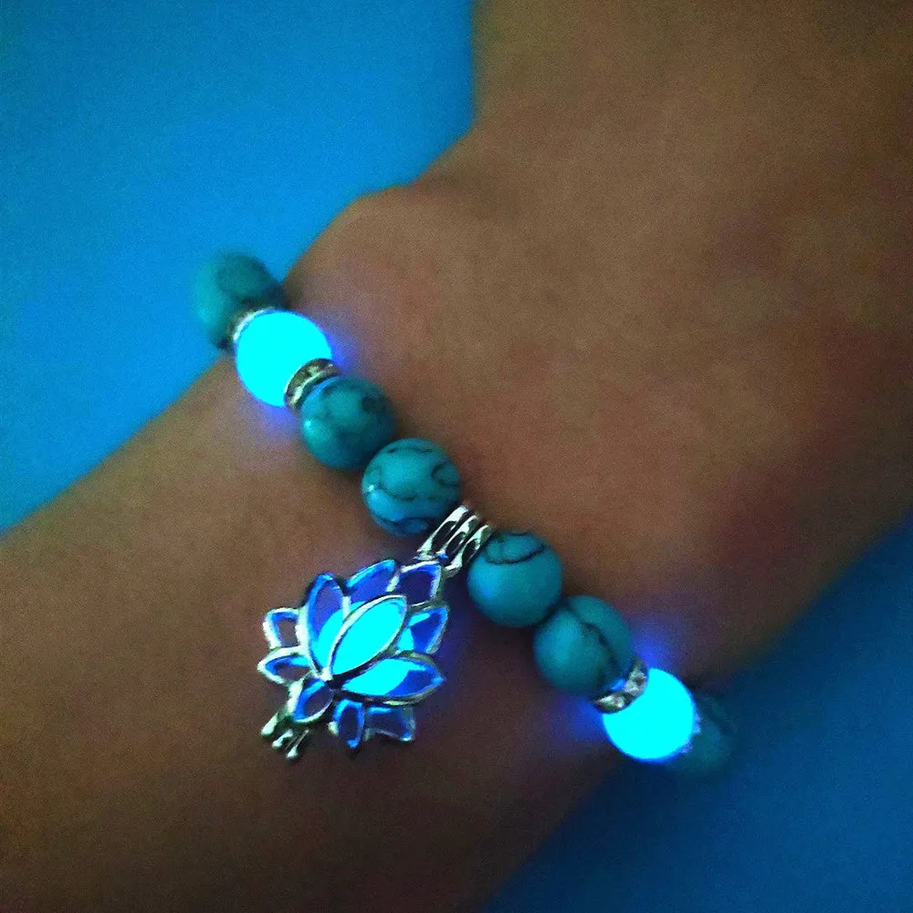 Luminous lotus natural stone bracelet with turquoise glow beads on elastic rope