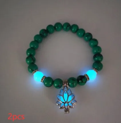 Luminous lotus natural stone bracelet with turquoise glow beads on elastic rope