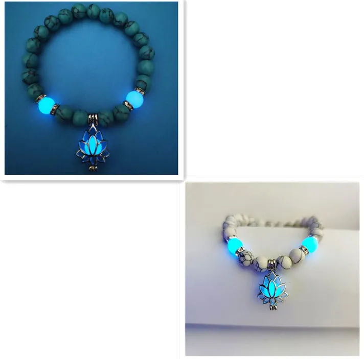 Luminous lotus natural stone bracelet with turquoise glow beads on elastic rope