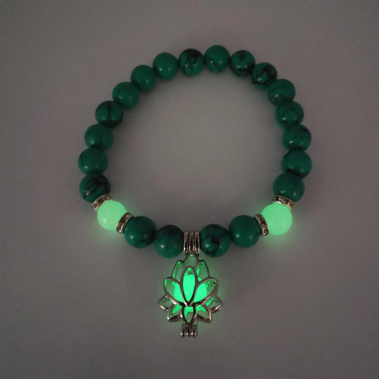 Luminous lotus natural stone bracelet with turquoise glow beads on elastic rope