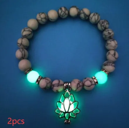 Luminous lotus natural stone bracelet with turquoise glow beads on elastic rope