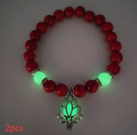 Luminous lotus natural stone bracelet with turquoise glow beads on elastic rope