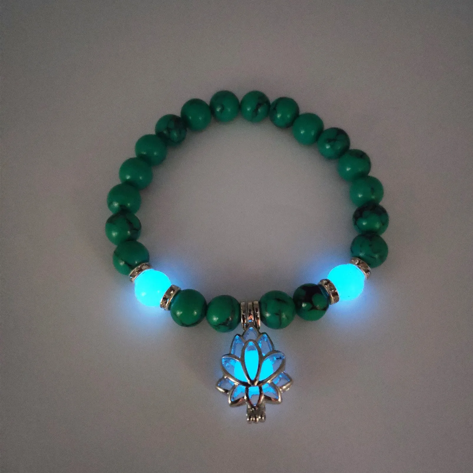 Luminous lotus natural stone bracelet with turquoise glow beads on elastic rope