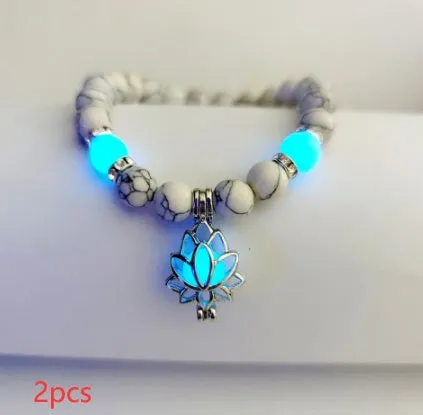 Luminous lotus natural stone bracelet with turquoise glow beads on elastic rope