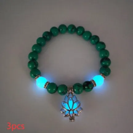 Luminous lotus natural stone bracelet with turquoise glow beads on elastic rope