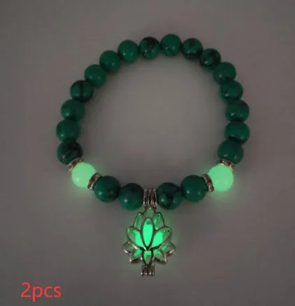 Luminous lotus natural stone bracelet with turquoise glow beads on elastic rope