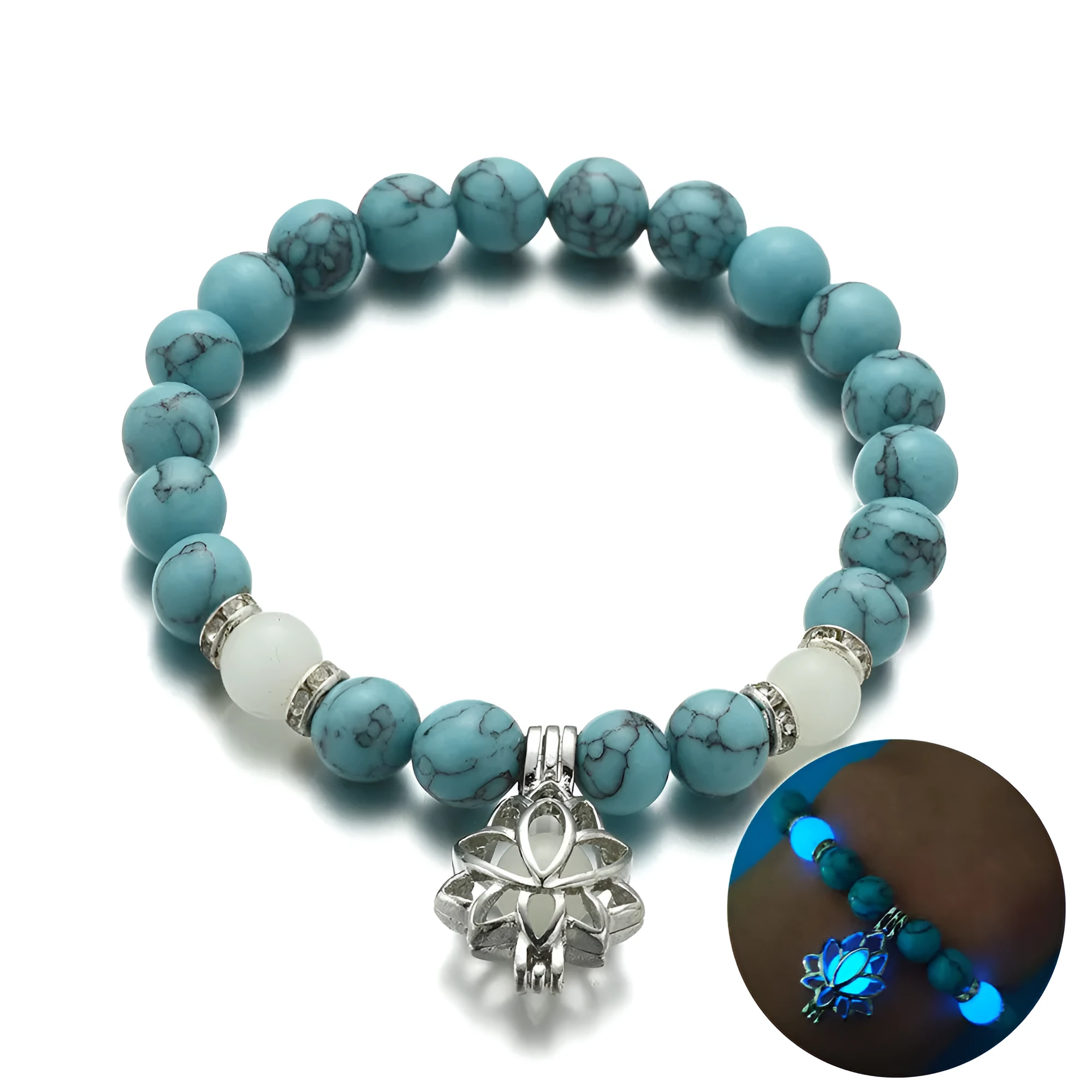 Luminous lotus natural stone bracelet with turquoise glow beads on elastic rope