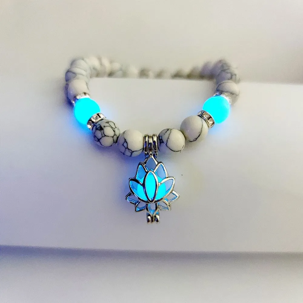 Luminous lotus natural stone bracelet with turquoise glow beads on elastic rope