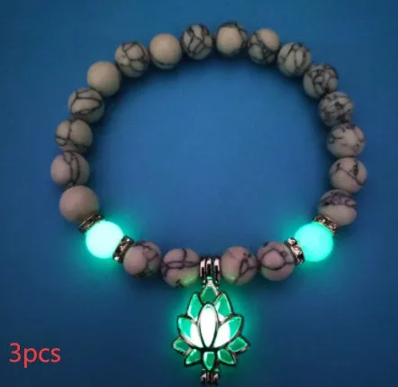 Luminous lotus natural stone bracelet with turquoise glow beads on elastic rope